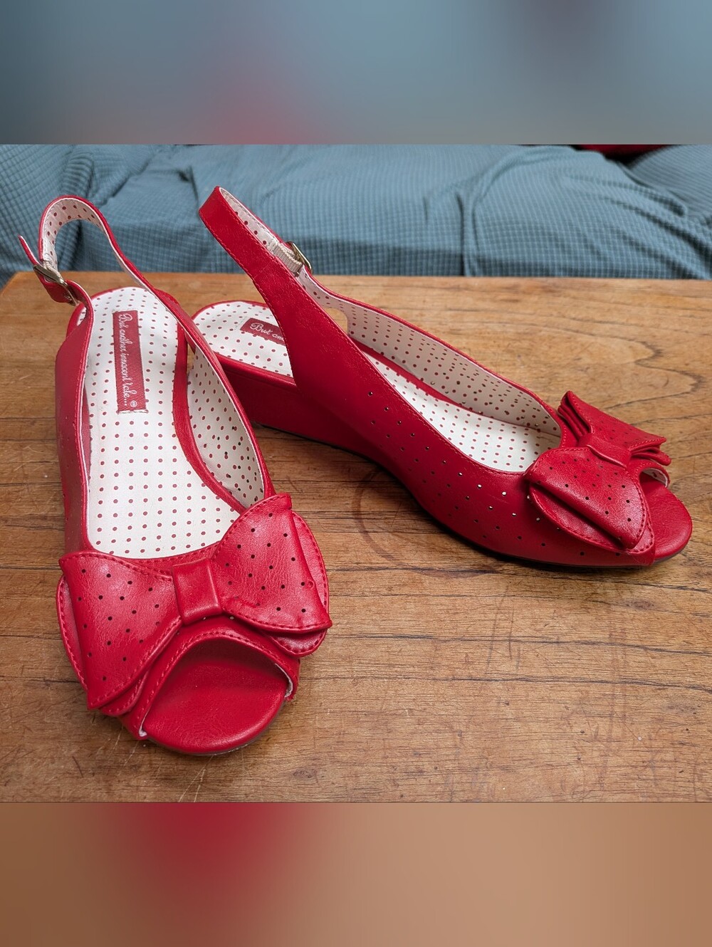 B.A.I.T. Jasmin Red Bow Peep-Toe Wedges – Size 8.5 – Retro Pin-Up Shoes